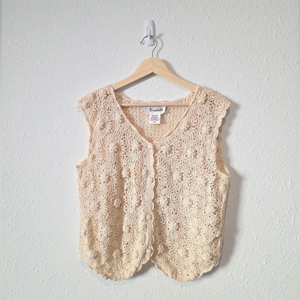 Vintage Cream Floral Crochet Button Up Vest M - Picture 1 of 6
